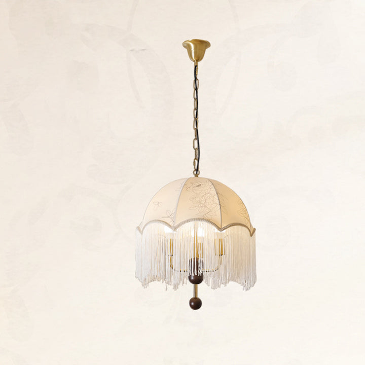 Traditionelle französische Kuppel mit floralem Stoffschirm, Quaste, Holz, Metall 3-Licht Pendelleuchte für Wohnzimmer 