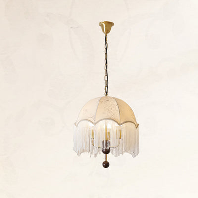 Traditional French Dome Floral Fabric Shade Tassel Wood Metal 3-Light Pendant Light For Living Room