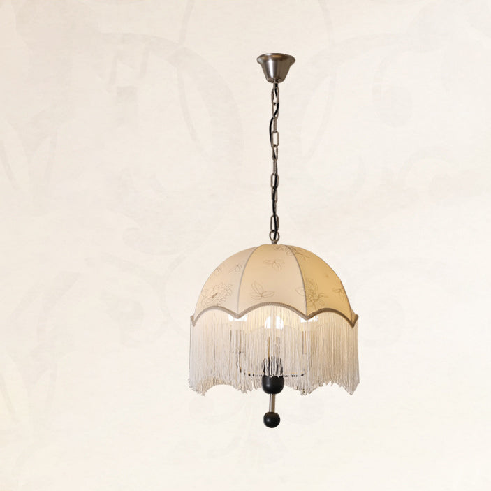 Traditional French Dome Floral Fabric Shade Tassel Wood Metal 3-Light Pendant Light For Living Room