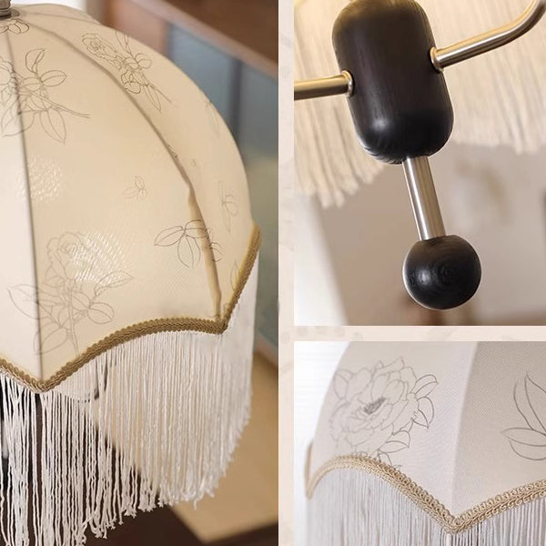Traditionelle französische Kuppel mit floralem Stoffschirm, Quaste, Holz, Metall 3-Licht Pendelleuchte für Wohnzimmer 