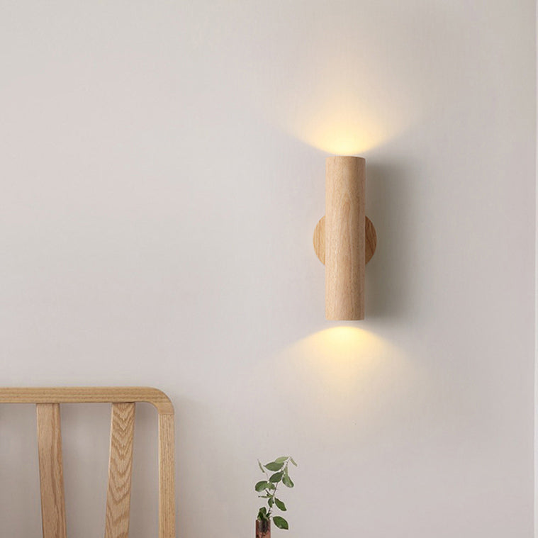 Applique murale LED en bois de caoutchouc à grain de bois cylindrique minimaliste moderne pour chambre 