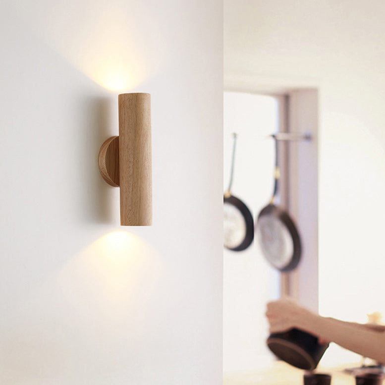 Applique murale LED en bois de caoutchouc à grain de bois cylindrique minimaliste moderne pour chambre 
