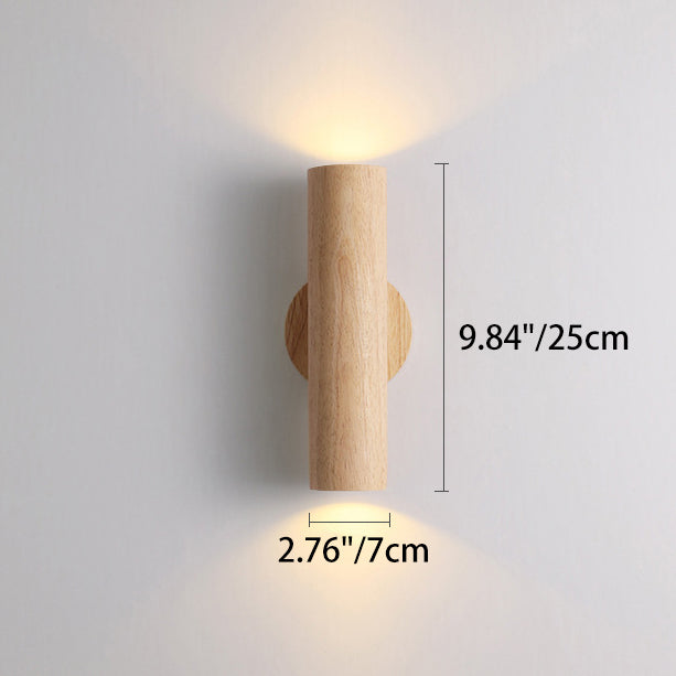 Applique murale LED en bois de caoutchouc à grain de bois cylindrique minimaliste moderne pour chambre 