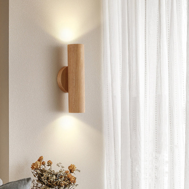 Applique murale LED en bois de caoutchouc à grain de bois cylindrique minimaliste moderne pour chambre 