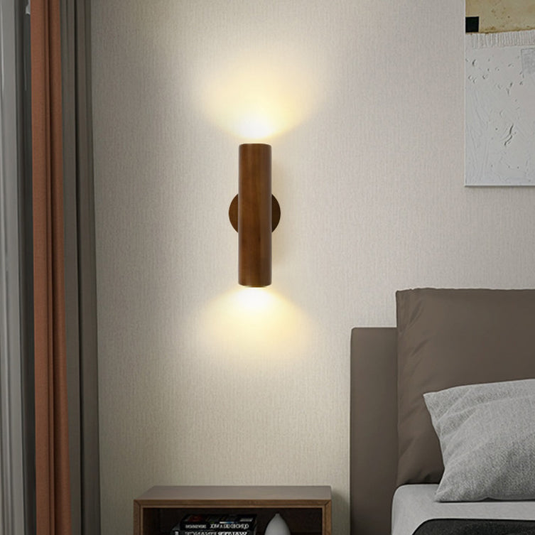 Applique murale LED en bois de caoutchouc à grain de bois cylindrique minimaliste moderne pour chambre 