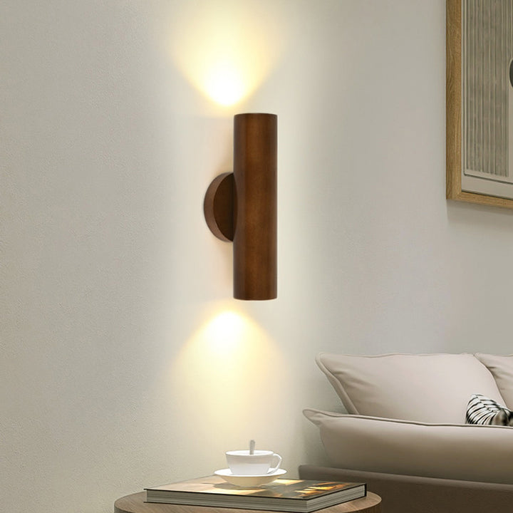 Applique murale LED en bois de caoutchouc à grain de bois cylindrique minimaliste moderne pour chambre 