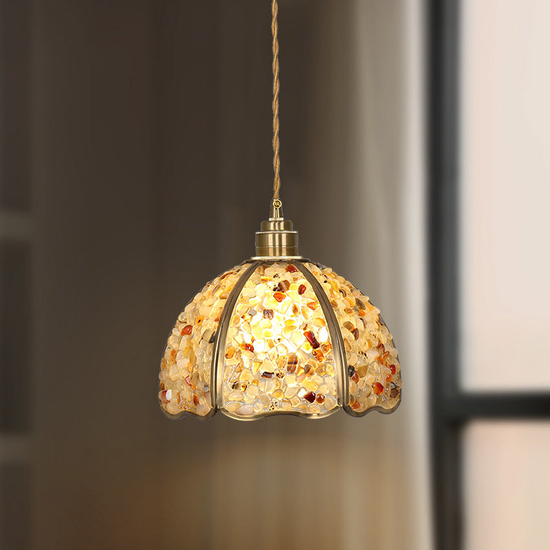 Modern Luxury Dome Crushed Crystal Full Brass 1-Light Pendant Light For Bedroom