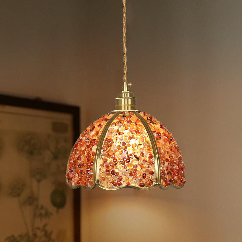 Modern Luxury Dome Crushed Crystal Full Brass 1-Light Pendant Light For Bedroom