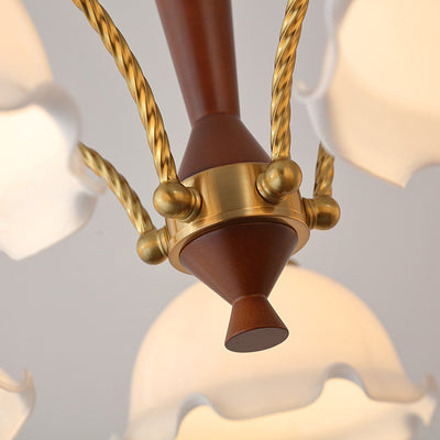 Traditional French Branch Flower Glass Shade Wooden Full Copper 3/5 Light Chandelier For Living Room
