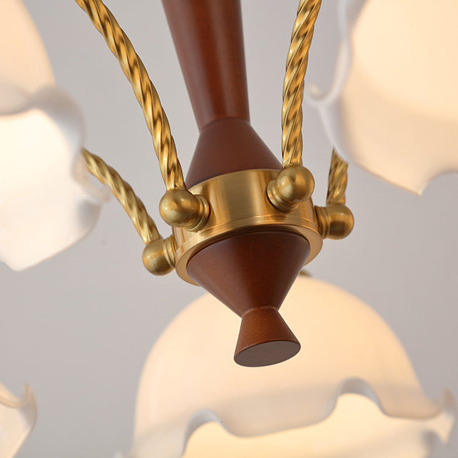 Traditional French Branch Flower Glass Shade Wooden Full Copper 3/5 Light Chandelier For Living Room