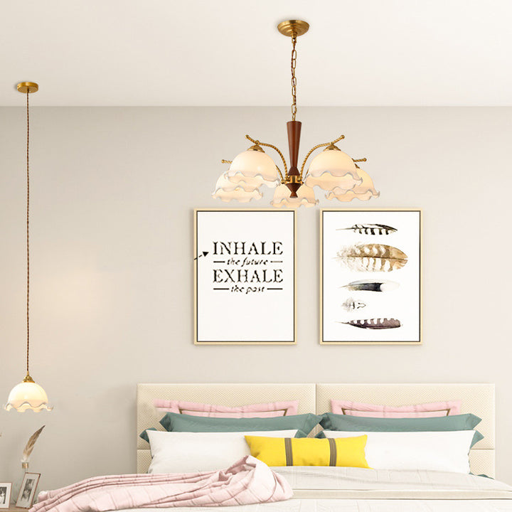 Lámpara de araña de 3/5 luces de rama tradicional francesa con pantalla de vidrio de flores de madera y cobre completo para sala de estar 
