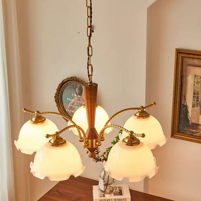 Traditional French Branch Flower Glass Shade Wooden Full Copper 3/5 Light Chandelier For Living Room