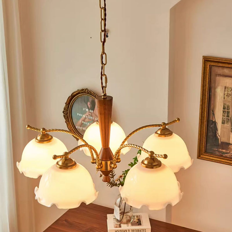Traditional French Branch Flower Glass Shade Wooden Full Copper 3/5 Light Chandelier For Living Room