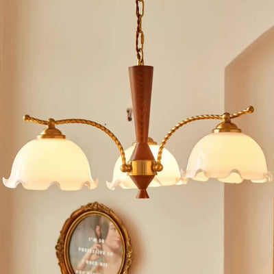 Traditional French Branch Flower Glass Shade Wooden Full Copper 3/5 Light Chandelier For Living Room