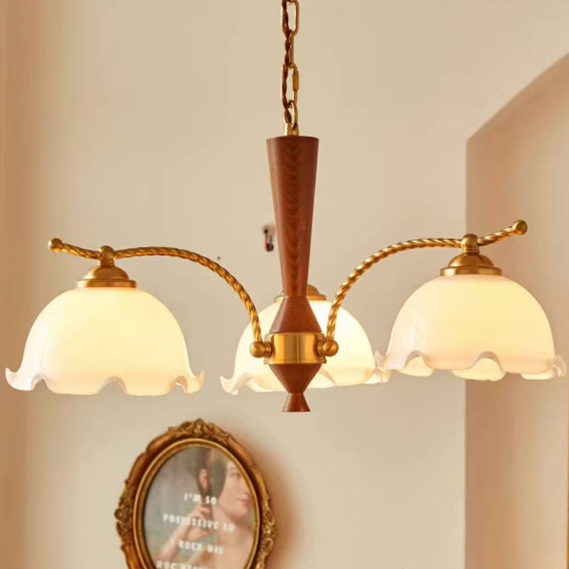 Traditional French Branch Flower Glass Shade Wooden Full Copper 3/5 Light Chandelier For Living Room