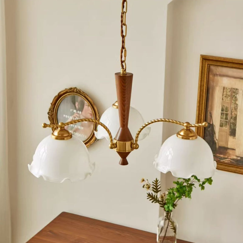 Traditional French Branch Flower Glass Shade Wooden Full Copper 3/5 Light Chandelier For Living Room