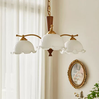 Traditional French Branch Flower Glass Shade Wooden Full Copper 3/5 Light Chandelier For Living Room