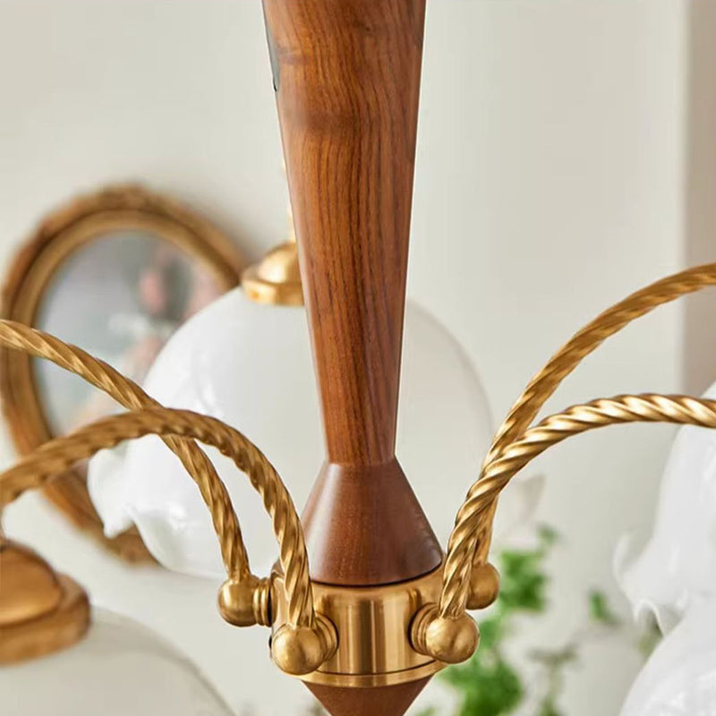 Traditional French Branch Flower Glass Shade Wooden Full Copper 3/5 Light Chandelier For Living Room