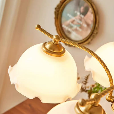 Traditional French Branch Flower Glass Shade Wooden Full Copper 3/5 Light Chandelier For Living Room