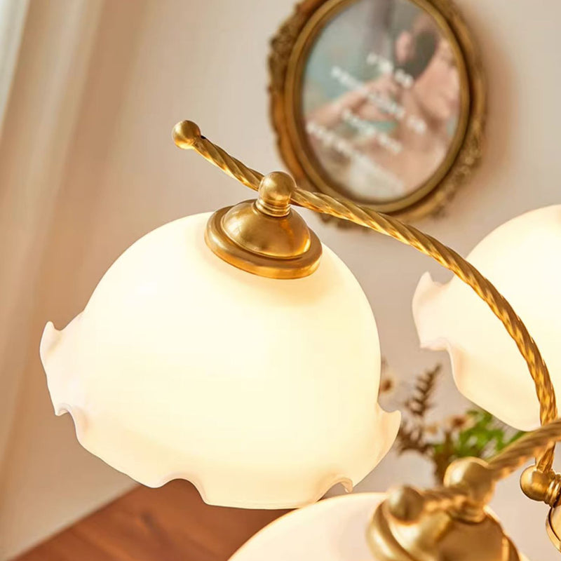 Traditional French Branch Flower Glass Shade Wooden Full Copper 3/5 Light Chandelier For Living Room