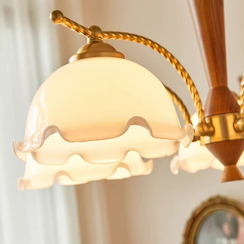 Traditional French Branch Flower Glass Shade Wooden Full Copper 3/5 Light Chandelier For Living Room