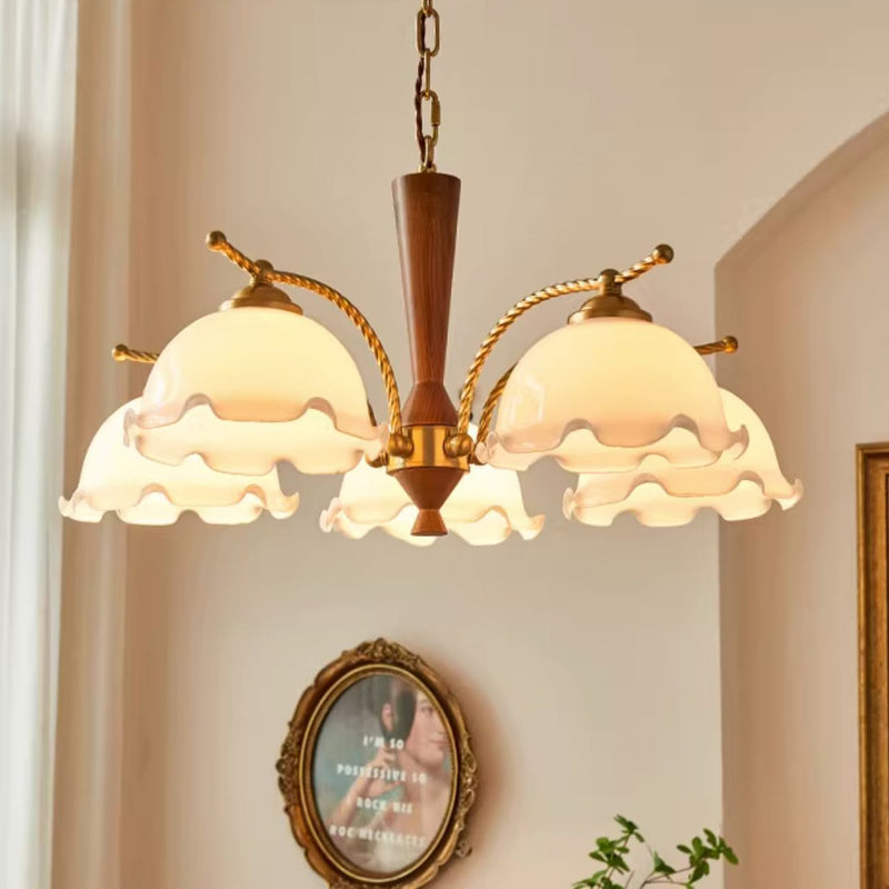 Traditional French Branch Flower Glass Shade Wooden Full Copper 3/5 Light Chandelier For Living Room