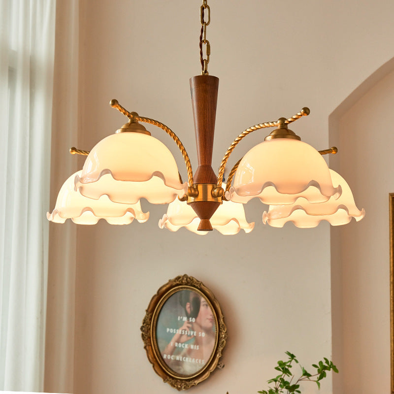 Traditional French Branch Flower Glass Shade Wooden Full Copper 3/5 Light Chandelier For Living Room