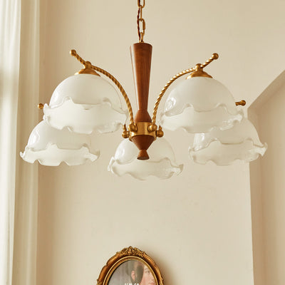 Traditional French Branch Flower Glass Shade Wooden Full Copper 3/5 Light Chandelier For Living Room