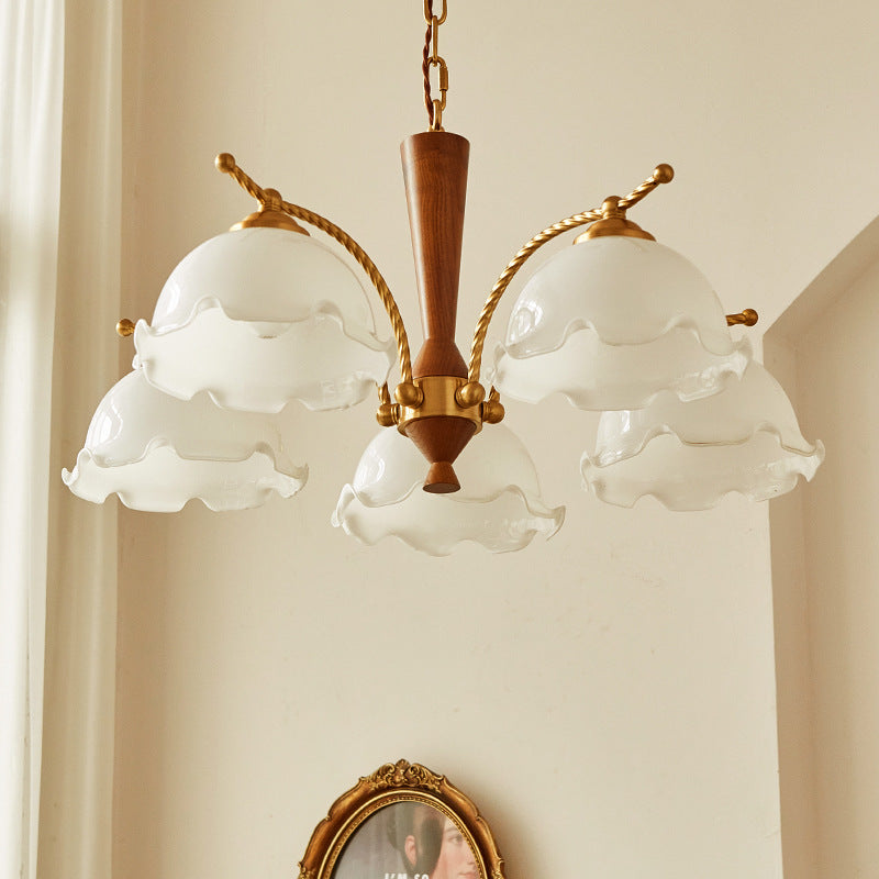 Traditional French Branch Flower Glass Shade Wooden Full Copper 3/5 Light Chandelier For Living Room