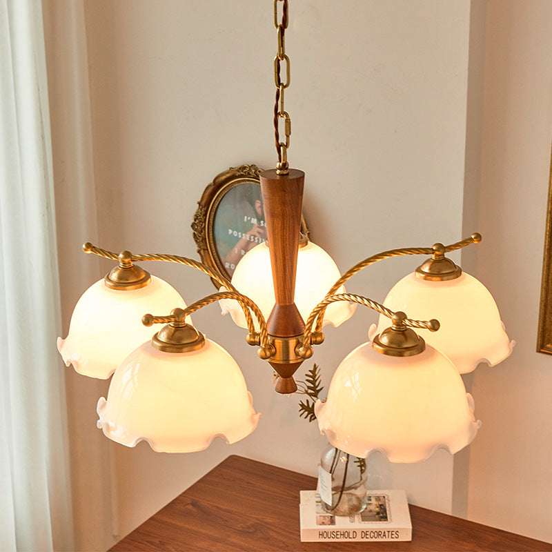 Traditional French Branch Flower Glass Shade Wooden Full Copper 3/5 Light Chandelier For Living Room