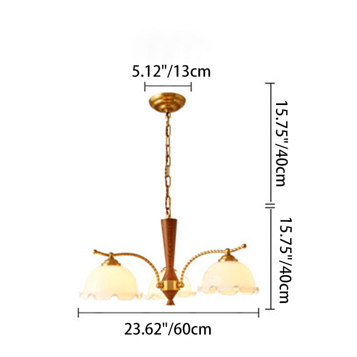 Traditional French Branch Flower Glass Shade Wooden Full Copper 3/5 Light Chandelier For Living Room