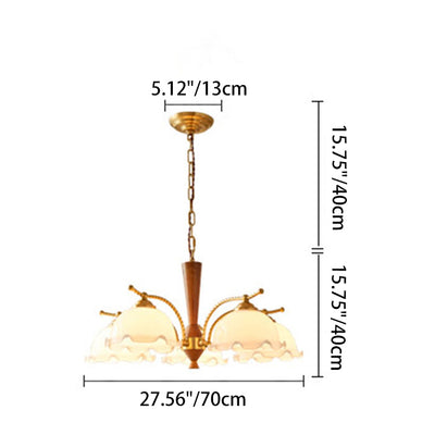 Traditional French Branch Flower Glass Shade Wooden Full Copper 3/5 Light Chandelier For Living Room