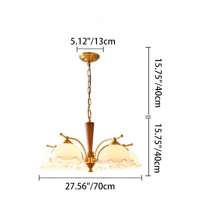 Traditional French Branch Flower Glass Shade Wooden Full Copper 3/5 Light Chandelier For Living Room