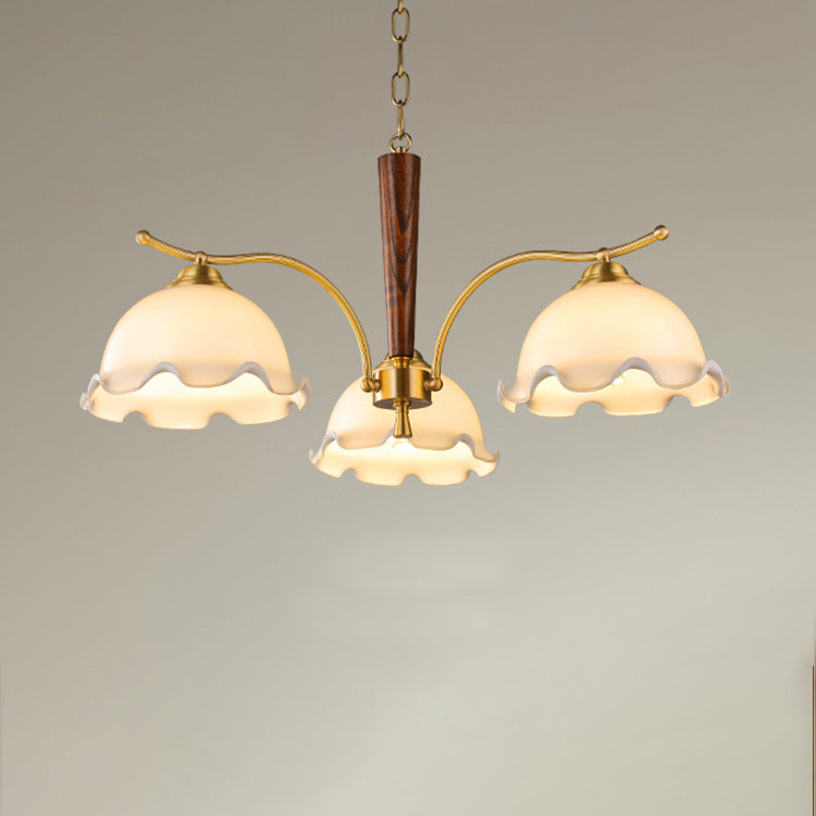 Traditional French Branch Flower Glass Shade Wooden Full Copper 3/5 Light Chandelier For Living Room