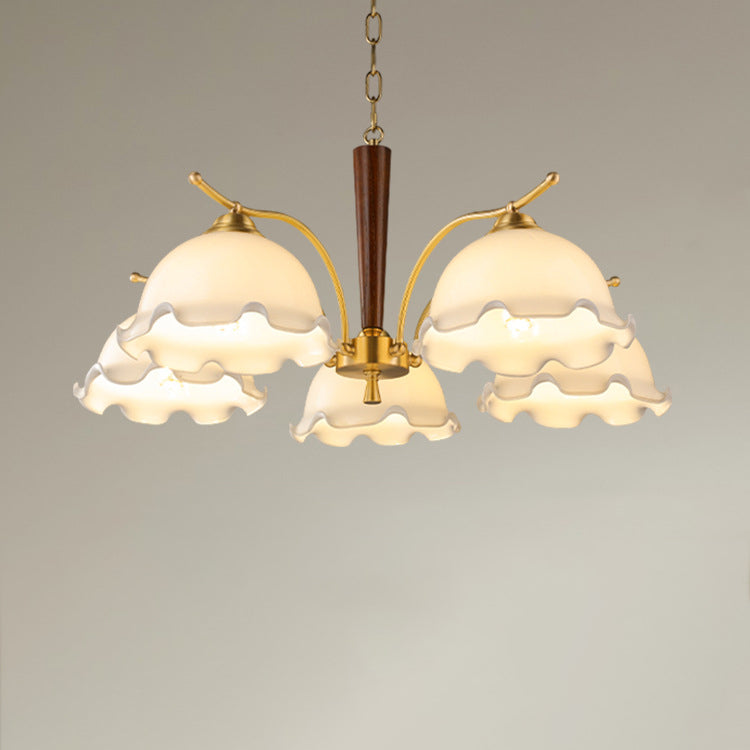 Traditional French Branch Flower Glass Shade Wooden Full Copper 3/5 Light Chandelier For Living Room