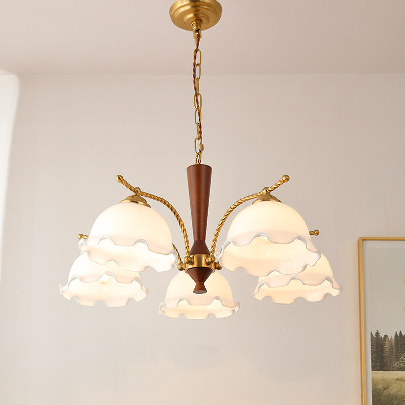 Traditional French Branch Flower Glass Shade Wooden Full Copper 3/5 Light Chandelier For Living Room