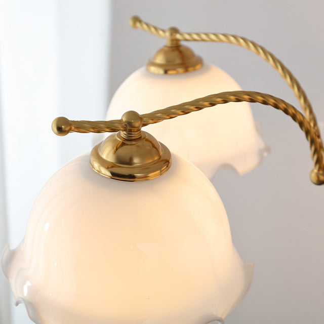 Traditional French Branch Flower Glass Shade Wooden Full Copper 3/5 Light Chandelier For Living Room