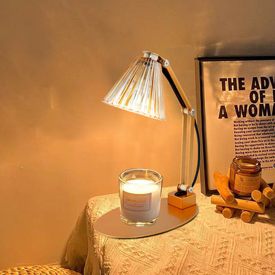 Lampe de table à cire fondante aromatique à une lumière avec abat-jour en verre rayé en fer, cylindre pliable romantique minimaliste moderne pour chambre à coucher 