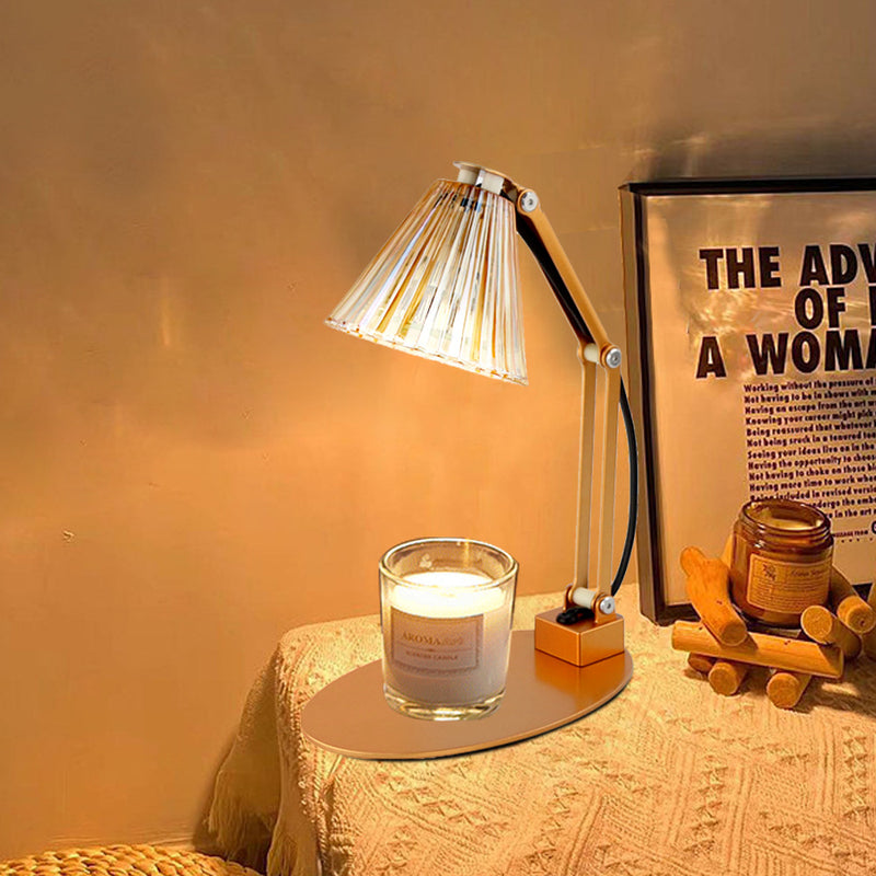 Lampe de table à cire fondante aromatique à une lumière avec abat-jour en verre rayé en fer, cylindre pliable romantique minimaliste moderne pour chambre à coucher 