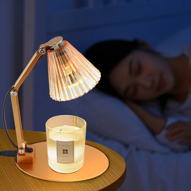 Lampe de table à cire fondante aromatique à une lumière avec abat-jour en verre rayé en fer, cylindre pliable romantique minimaliste moderne pour chambre à coucher 