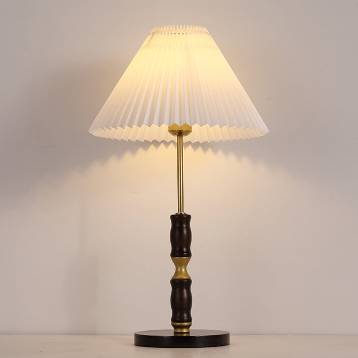 Traditional French Cylinder Cone Stripe Pleated Fabric Shade Solid Wood Metal 1-Light Table Lamp For Bedroom