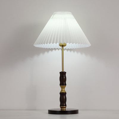 Traditional French Cylinder Cone Stripe Pleated Fabric Shade Solid Wood Metal 1-Light Table Lamp For Bedroom