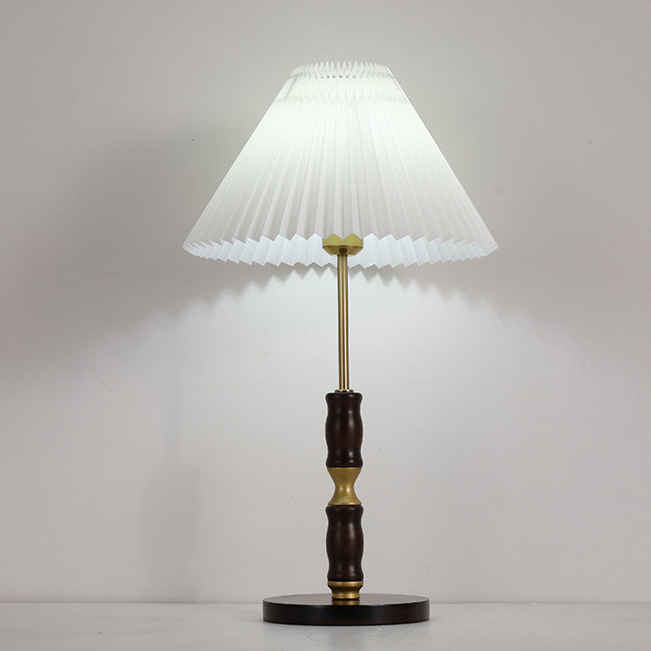 Traditional French Cylinder Cone Stripe Pleated Fabric Shade Solid Wood Metal 1-Light Table Lamp For Bedroom