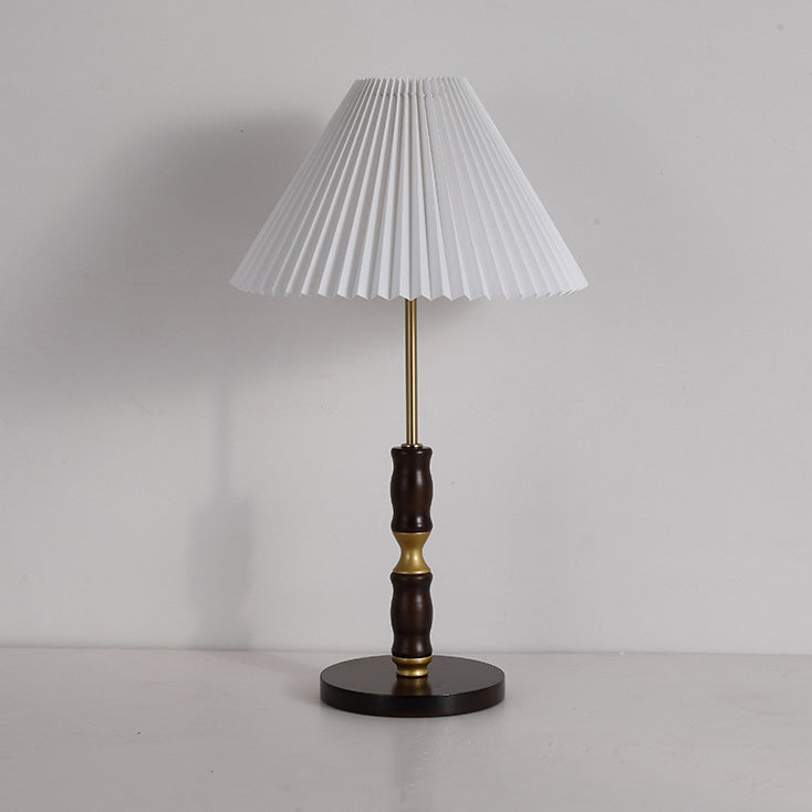 Traditional French Cylinder Cone Stripe Pleated Fabric Shade Solid Wood Metal 1-Light Table Lamp For Bedroom