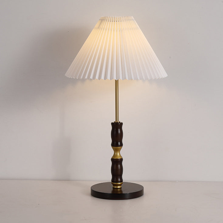 Traditional French Cylinder Cone Stripe Pleated Fabric Shade Solid Wood Metal 1-Light Table Lamp For Bedroom