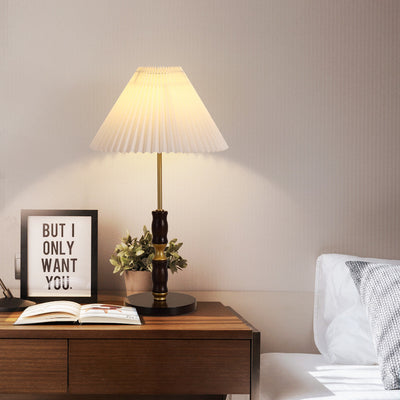 Traditional French Cylinder Cone Stripe Pleated Fabric Shade Solid Wood Metal 1-Light Table Lamp For Bedroom