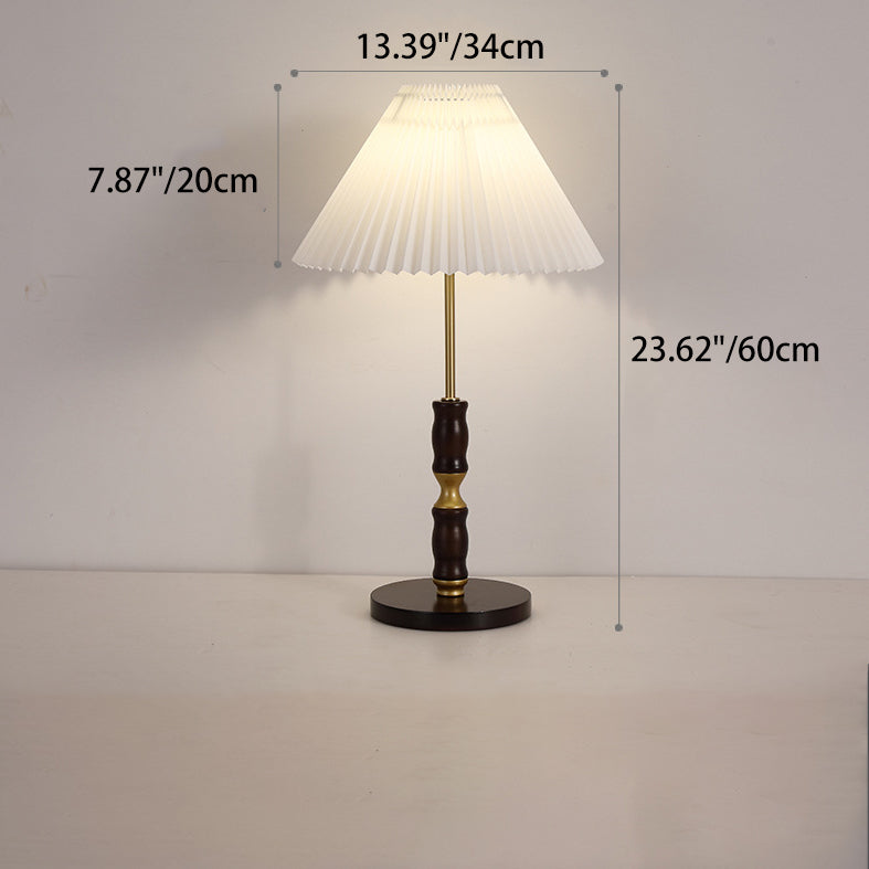 Traditional French Cylinder Cone Stripe Pleated Fabric Shade Solid Wood Metal 1-Light Table Lamp For Bedroom