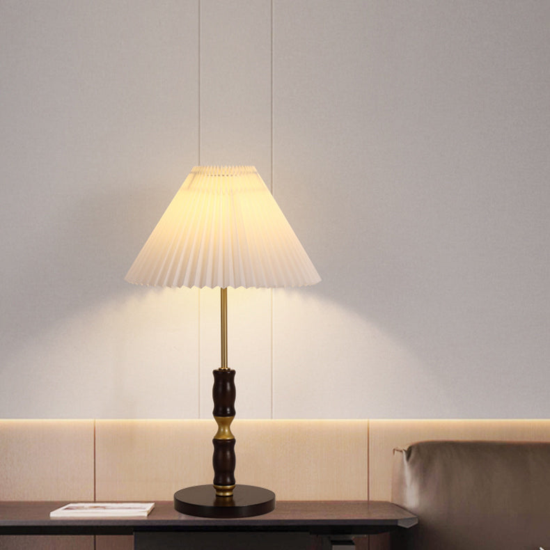 Traditional French Cylinder Cone Stripe Pleated Fabric Shade Solid Wood Metal 1-Light Table Lamp For Bedroom