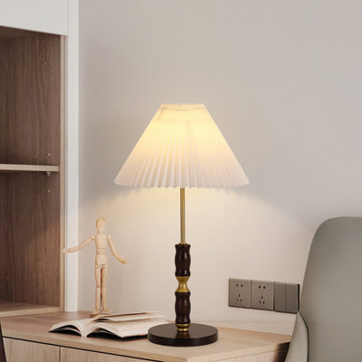 Traditional French Cylinder Cone Stripe Pleated Fabric Shade Solid Wood Metal 1-Light Table Lamp For Bedroom
