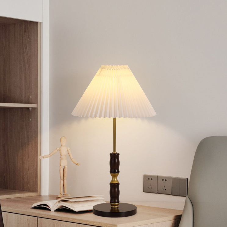 Traditional French Cylinder Cone Stripe Pleated Fabric Shade Solid Wood Metal 1-Light Table Lamp For Bedroom